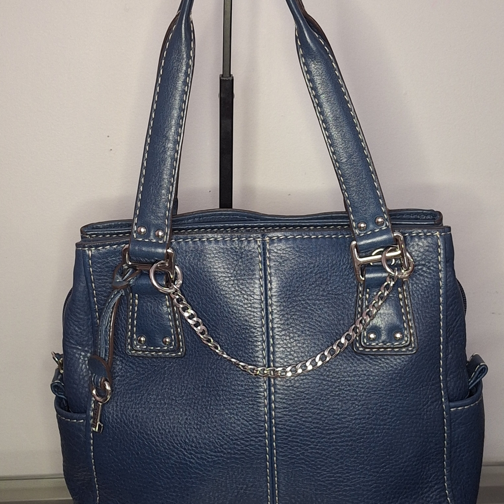 Vintage Fossil Blue Leather Shoulder Bag with Silver Chain